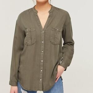 ZARA Women's Olive Green Utility Relaxed Roll Tab Sleeve Button Down Shirt Sz S
